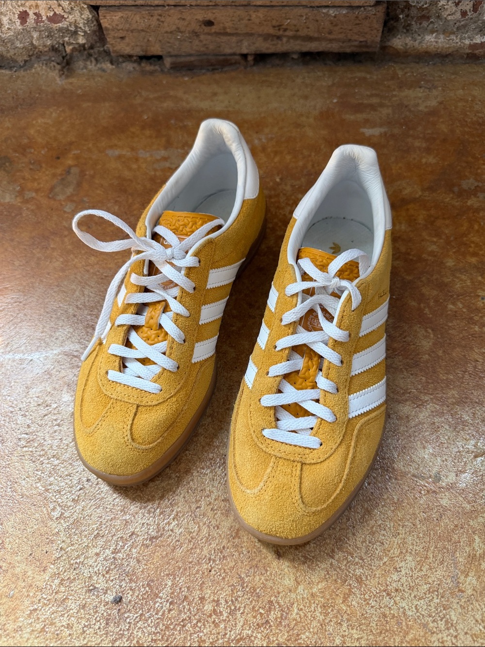 adidas Gazelle Suede Sneakers with Gum Sole in Mustard Ochre Yellow & White